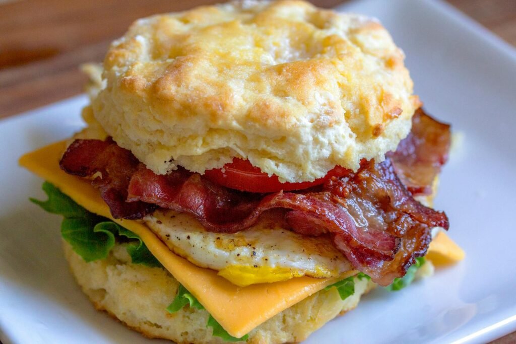 Delicious breakfast biscuit sandwich with bacon, egg, and cheese. Perfect for breakfast lovers.